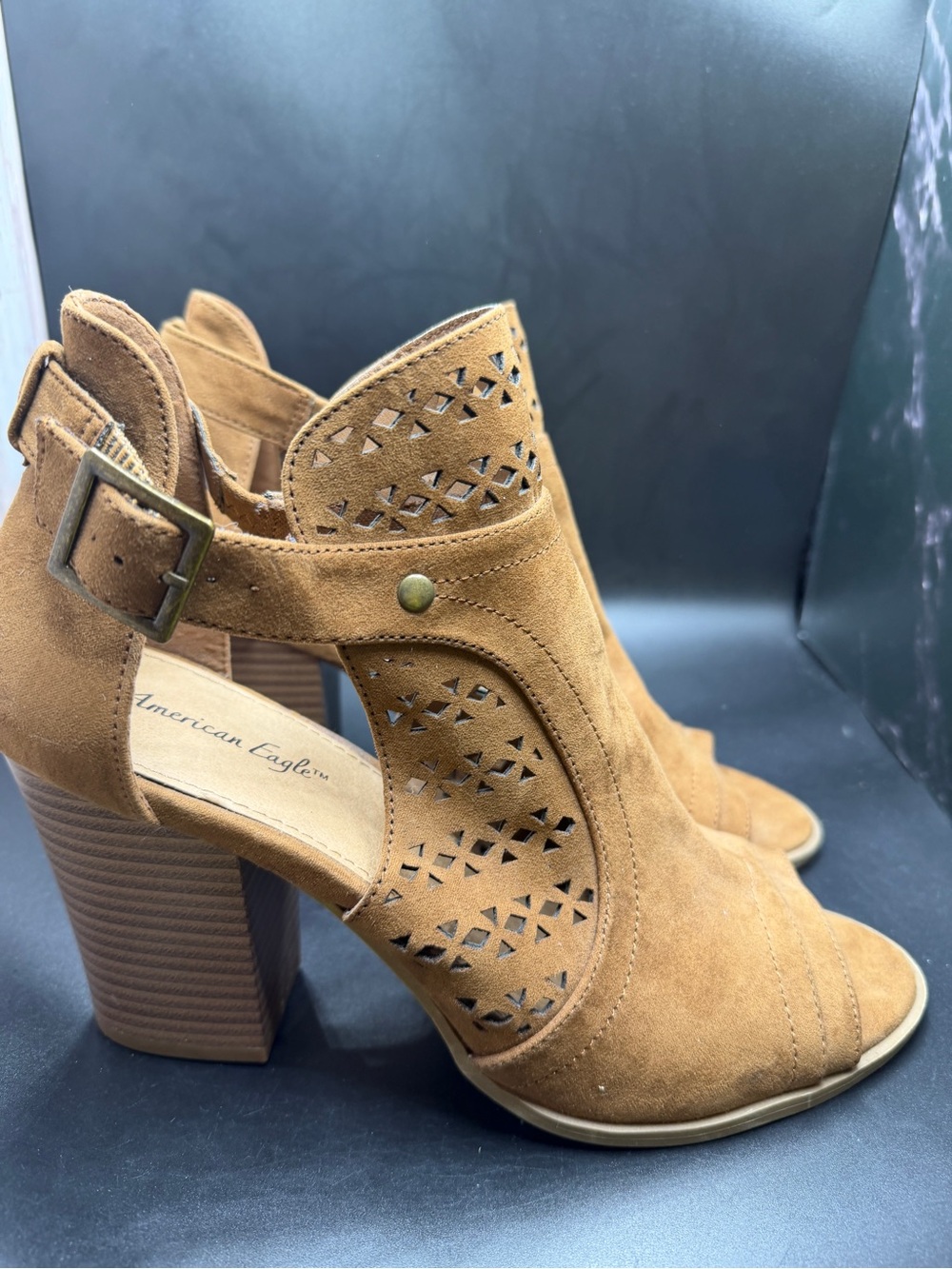American Eagle Outfitters Tan Suede Cutout Block Heel Sandals
